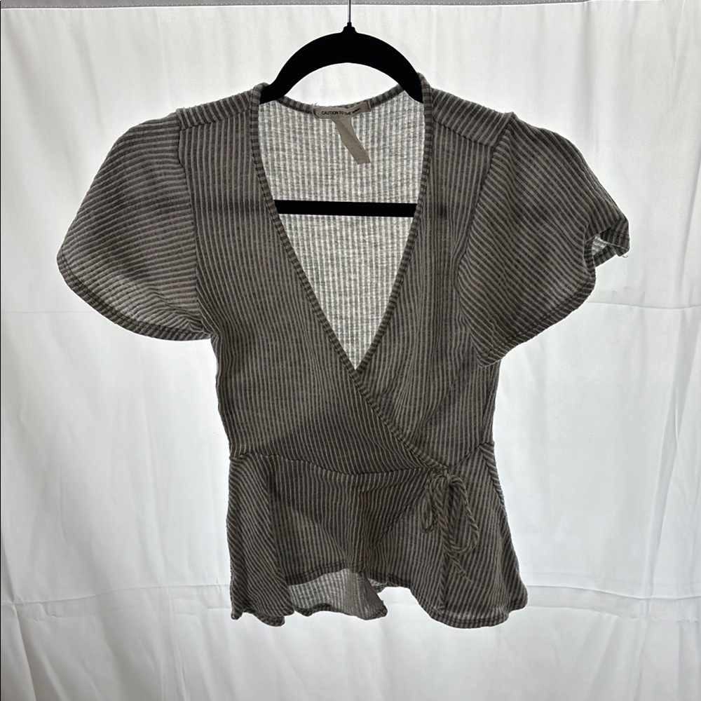 Striped faux Wrap Top - Gray and white